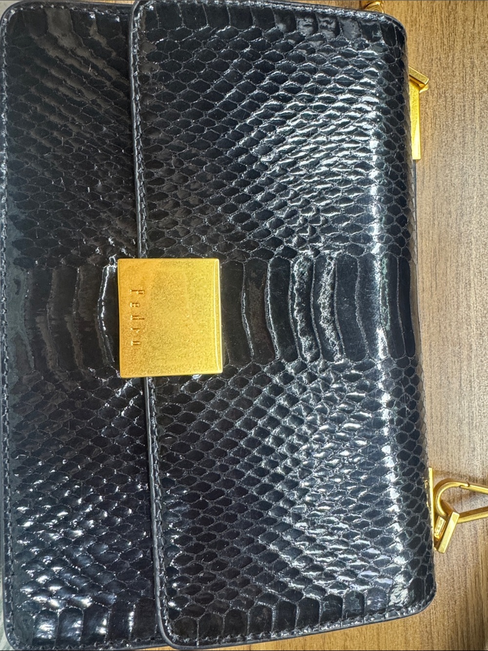 Pedro Black Patent Python-Style Clutch with Gold Hardware